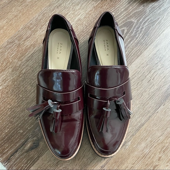 Zara Burgundy Platform Tassel Loafers - Picture 1 of 5